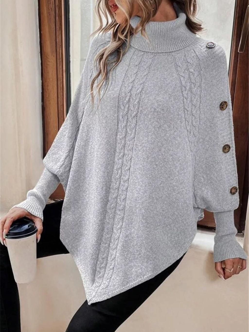 Cable Knit Turtleneck Cape Sweater - Godess beauty  #