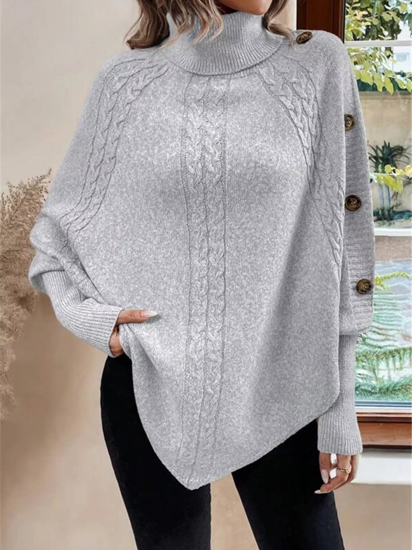 Cable Knit Turtleneck Cape Sweater - Godess beauty  #