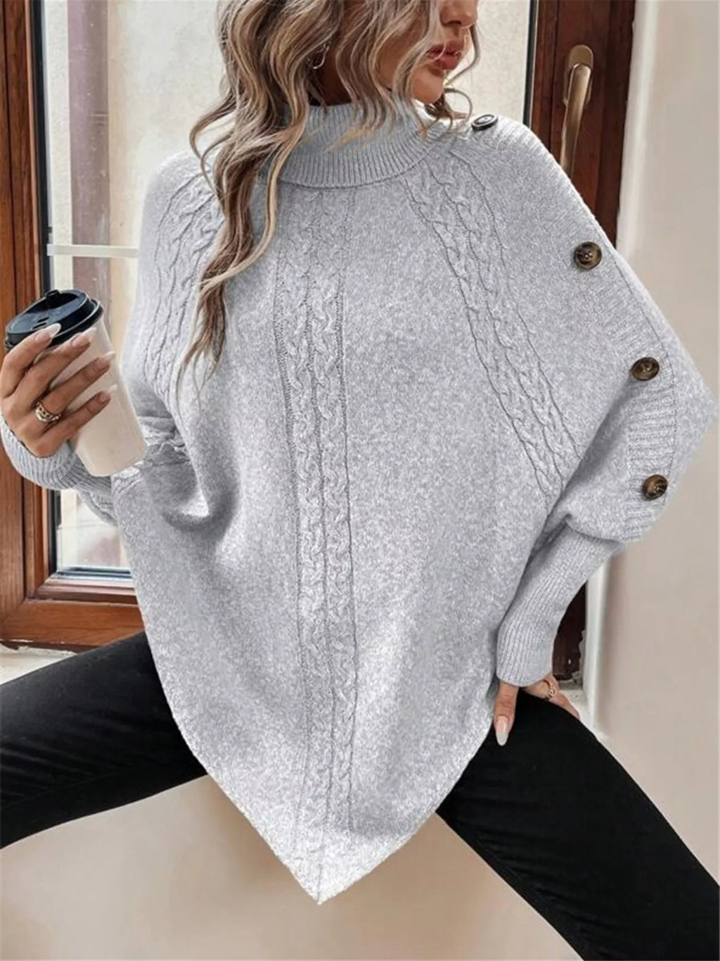 Cable Knit Turtleneck Cape Sweater - Godess beauty  #