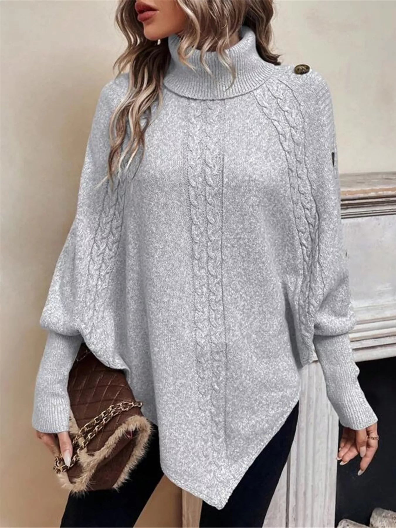 Cable Knit Turtleneck Cape Sweater - Godess beauty  #