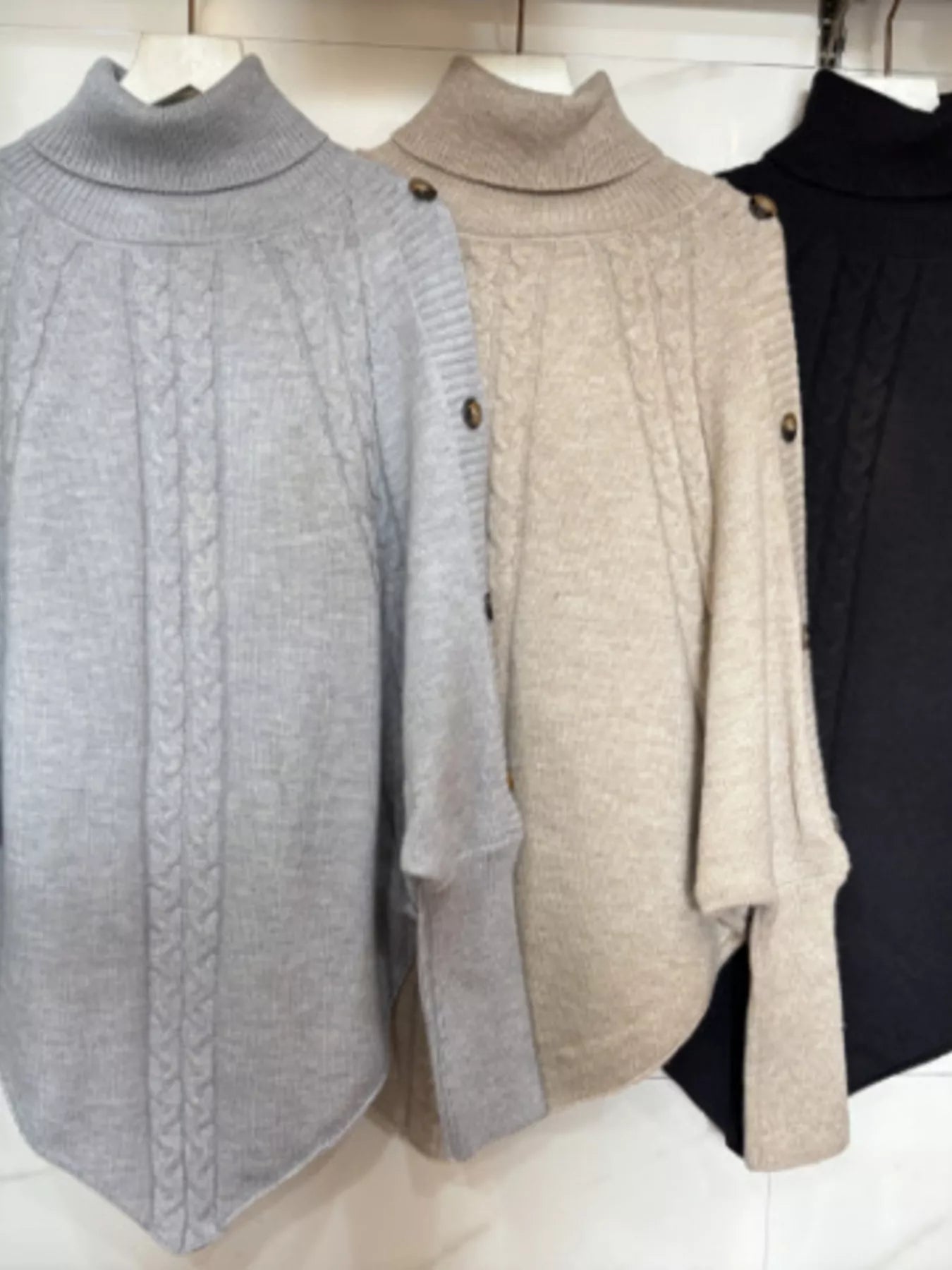 Cable Knit Turtleneck Cape Sweater - Godess beauty  #