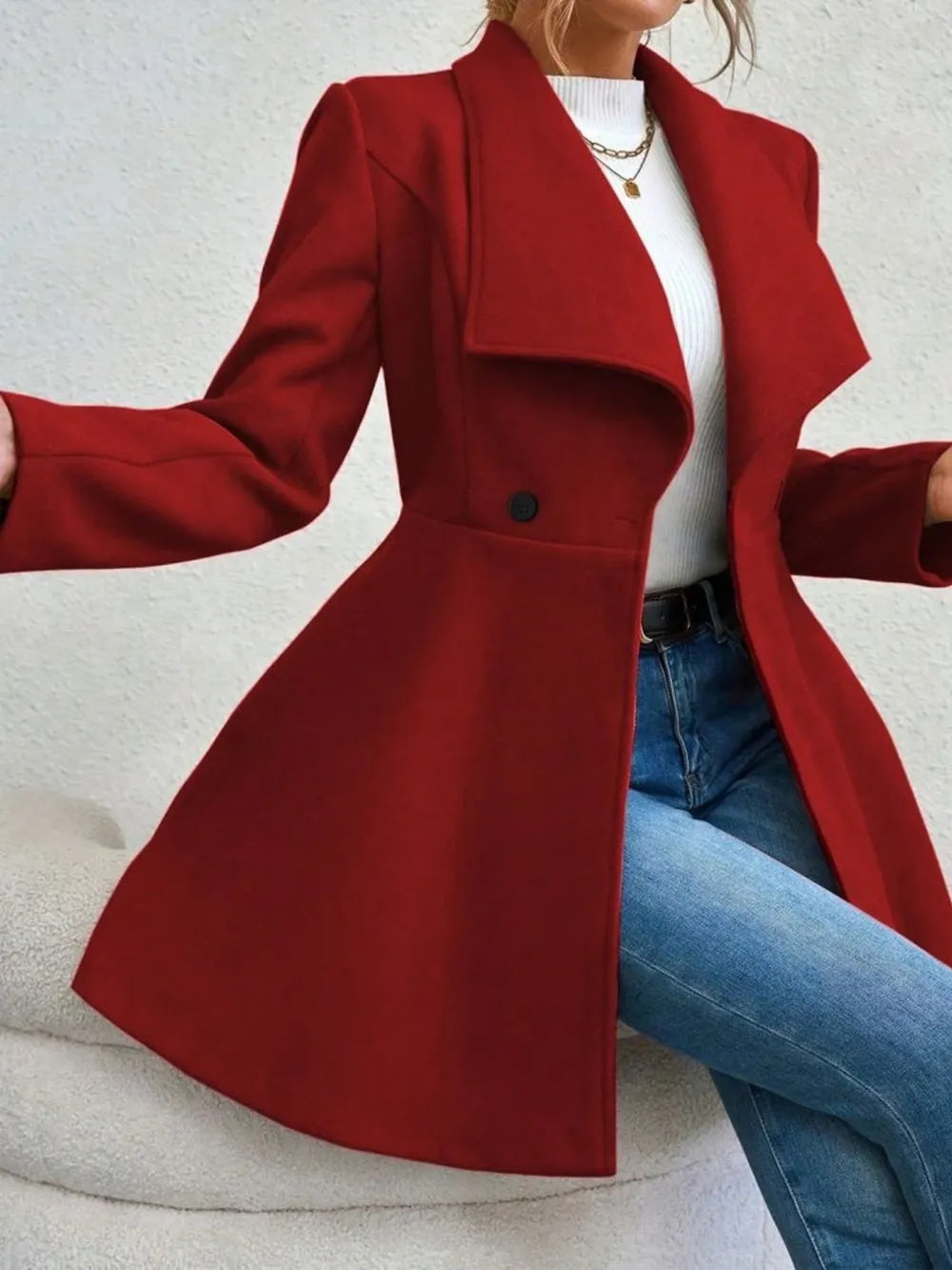 Collared Neck Button Up Long Sleeve Coat - Godess Beauty  #