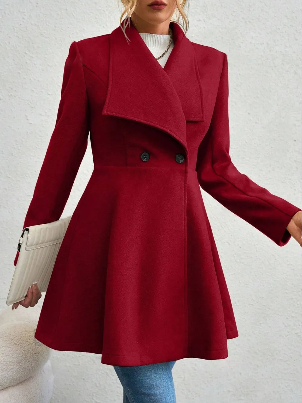 Collared Neck Button Up Long Sleeve Coat - Godess Beauty  #