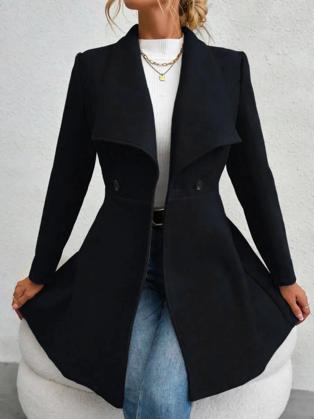 Collared Neck Button Up Long Sleeve Coat - Godess Beauty  #