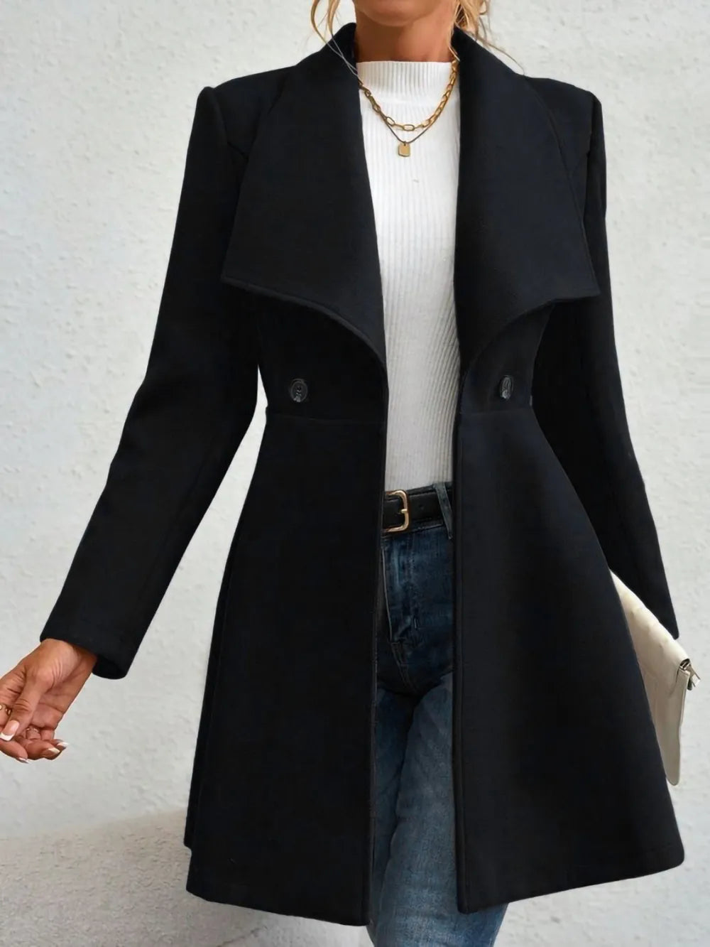 Collared Neck Button Up Long Sleeve Coat - Godess Beauty  #