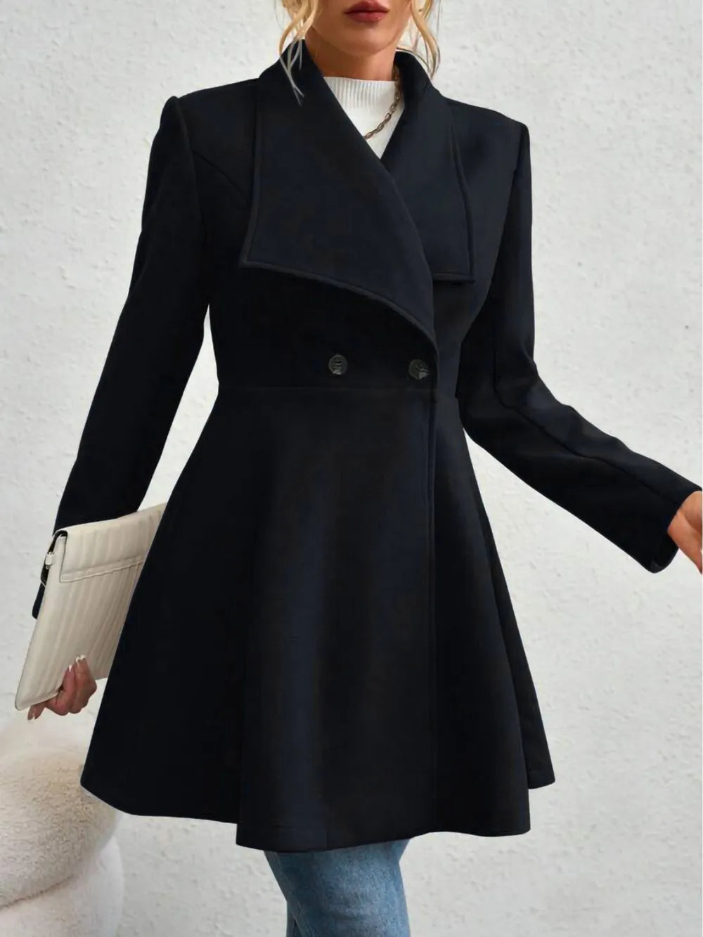 Collared Neck Button Up Long Sleeve Coat - Godess Beauty  #