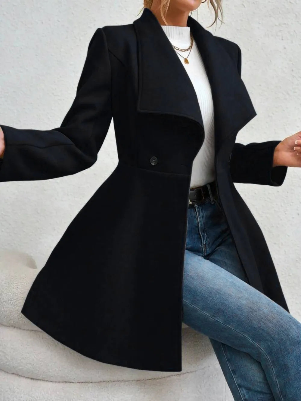 Collared Neck Button Up Long Sleeve Coat - Godess Beauty  #