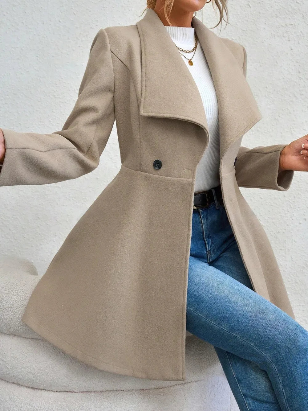 Collared Neck Button Up Long Sleeve Coat - Godess Beauty  #