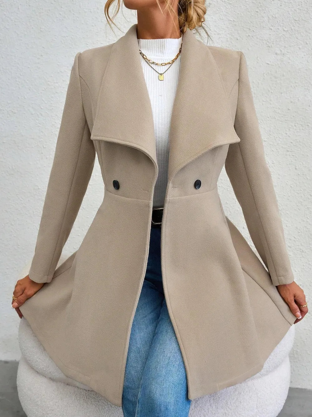 Collared Neck Button Up Long Sleeve Coat - Godess Beauty  #
