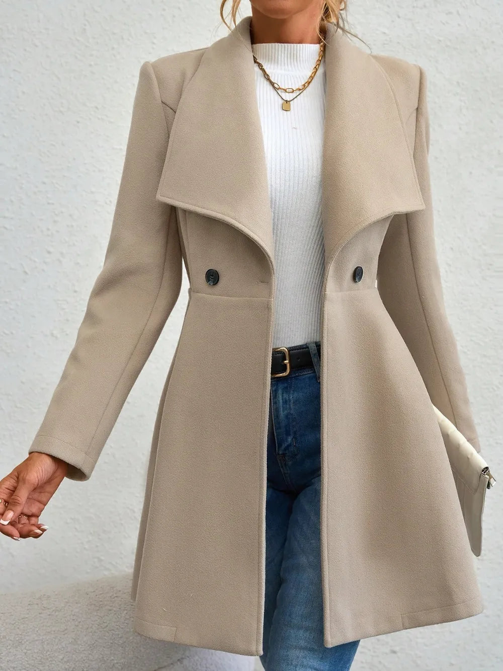 Collared Neck Button Up Long Sleeve Coat - Godess Beauty  #