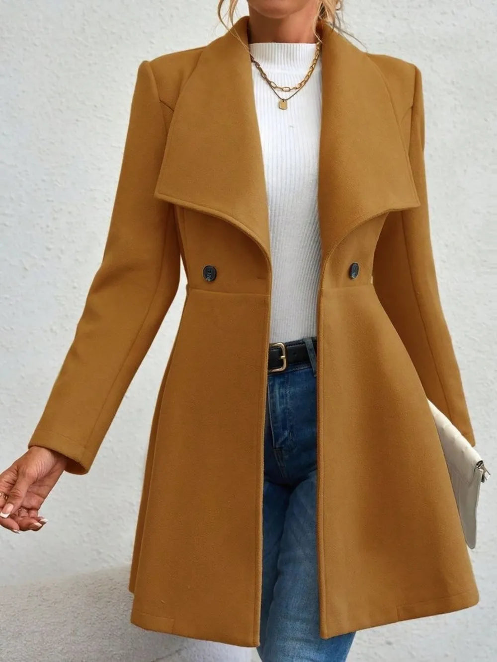 Collared Neck Button Up Long Sleeve Coat - Godess Beauty  #