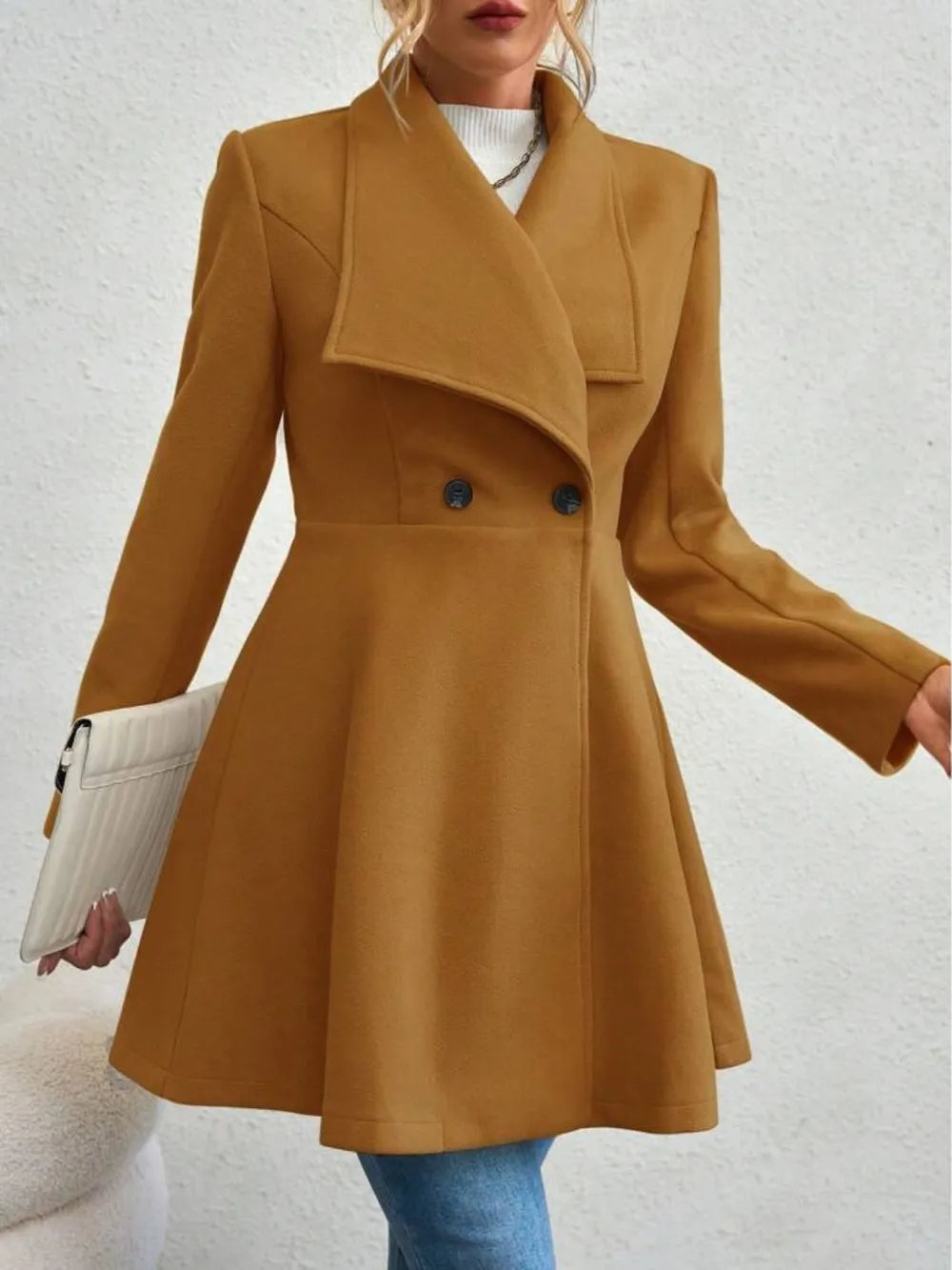 Collared Neck Button Up Long Sleeve Coat - Godess Beauty  #
