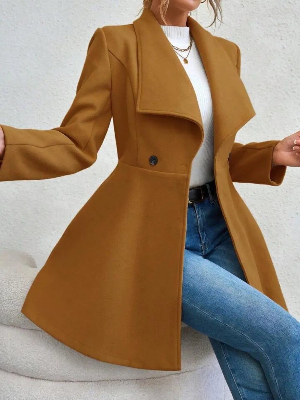 Collared Neck Button Up Long Sleeve Coat - Godess Beauty  #