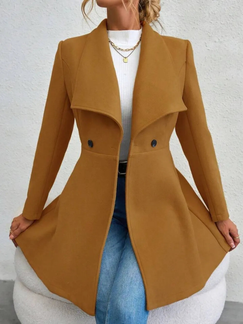 Collared Neck Button Up Long Sleeve Coat - Godess Beauty  #