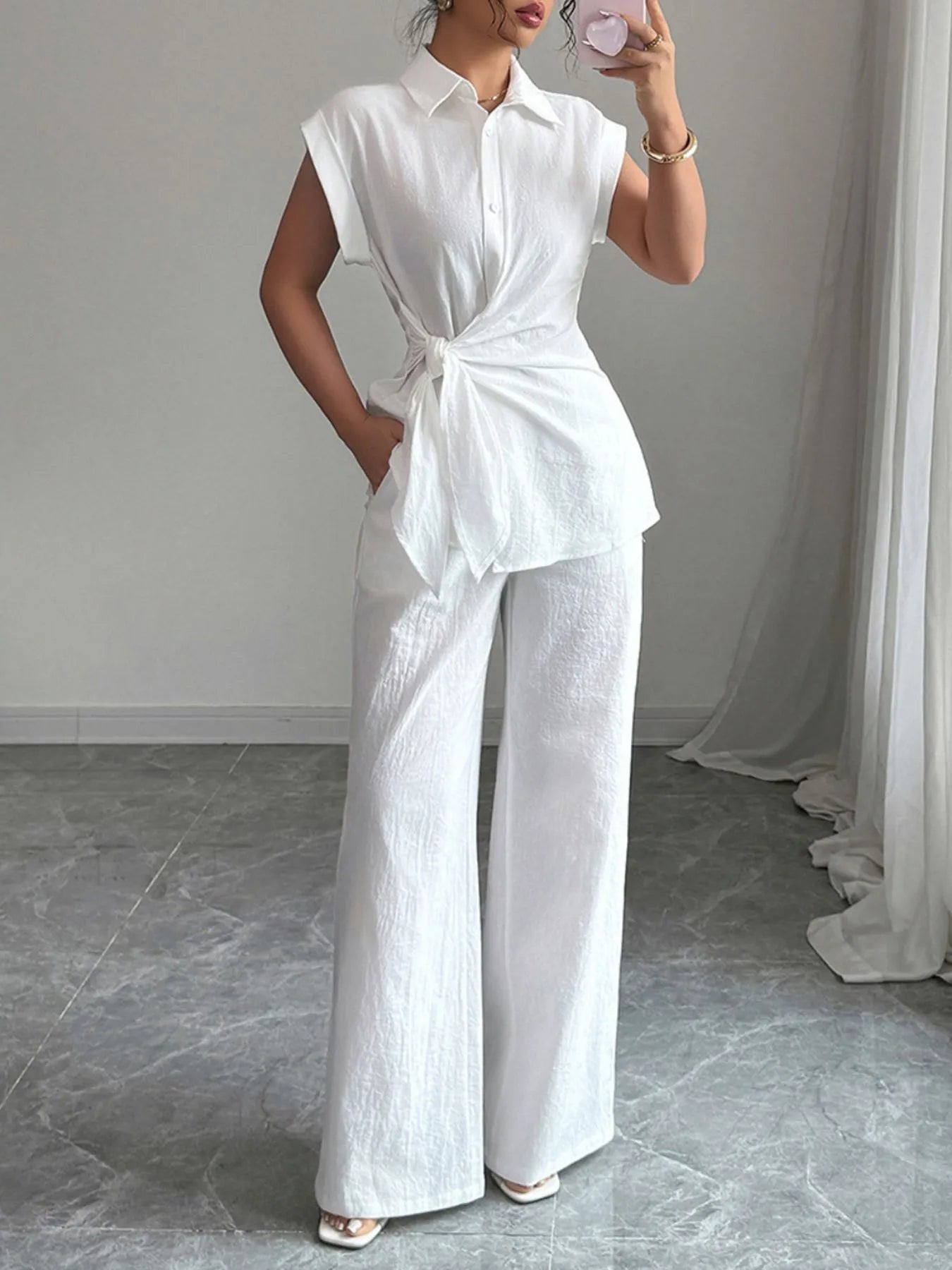 Collared Neck Cap Sleeve Top and Pants Set - Godess beauty  #
