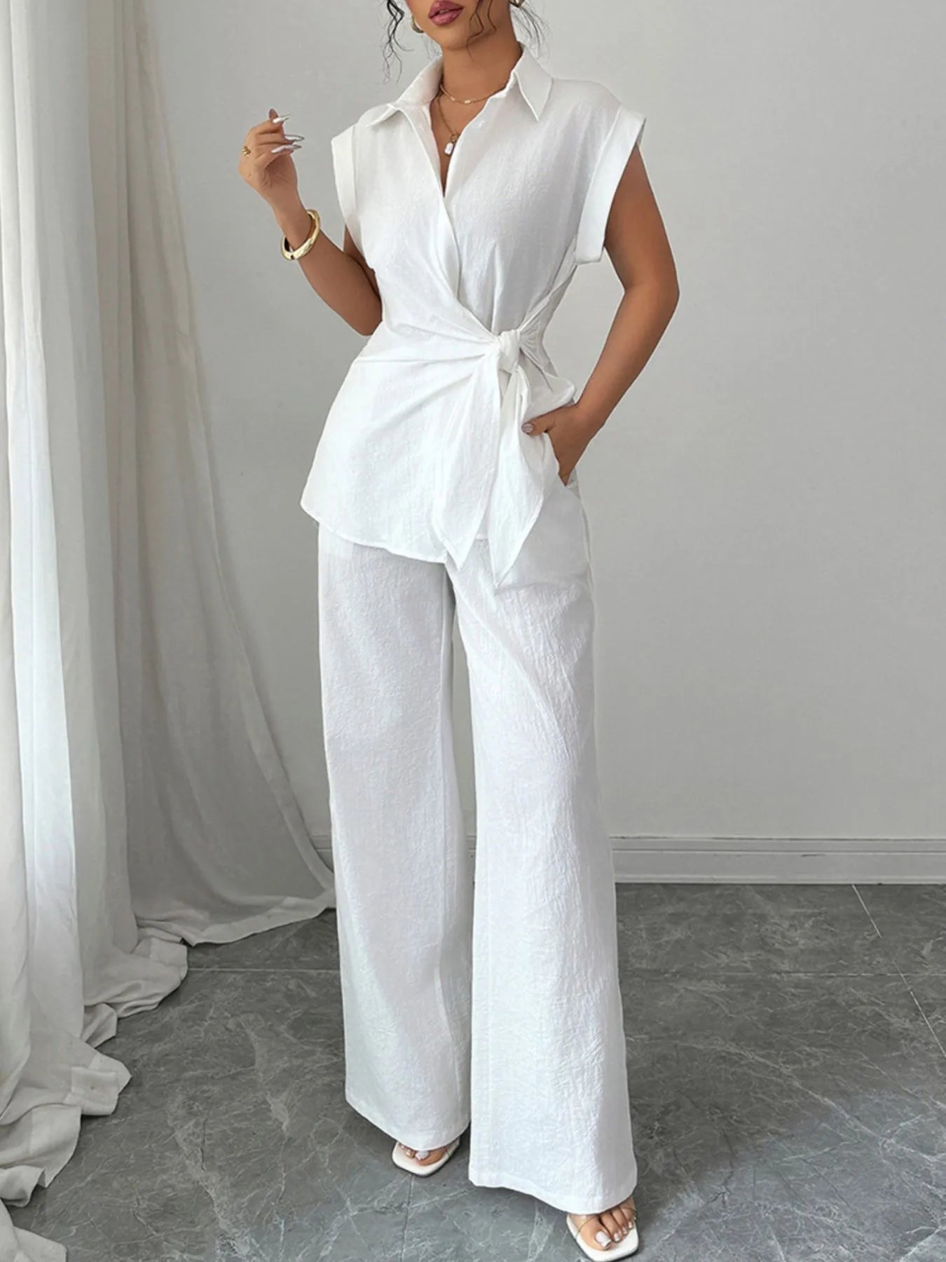 Collared Neck Cap Sleeve Top and Pants Set - Godess beauty  #