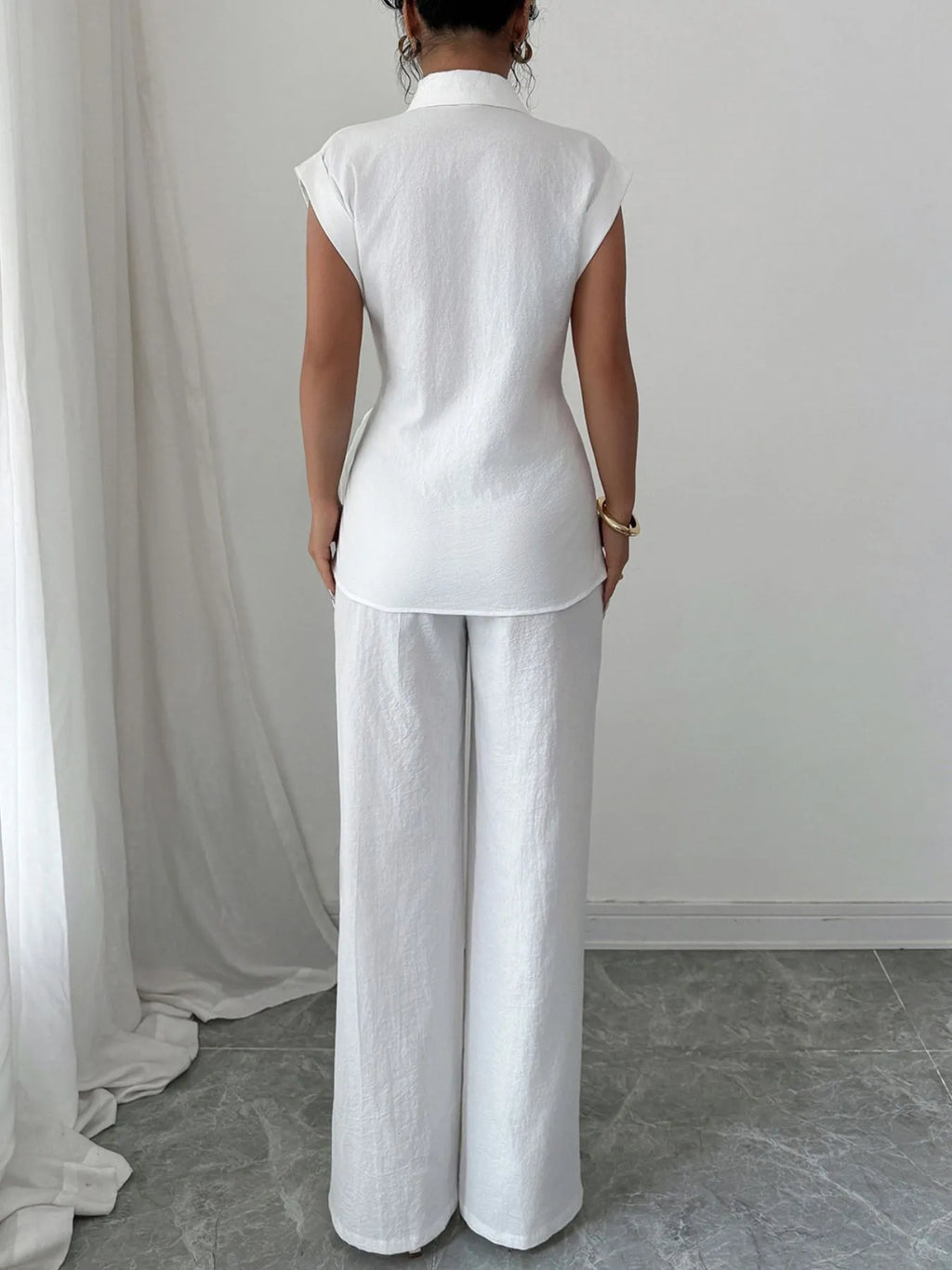 Collared Neck Cap Sleeve Top and Pants Set - Godess beauty  #