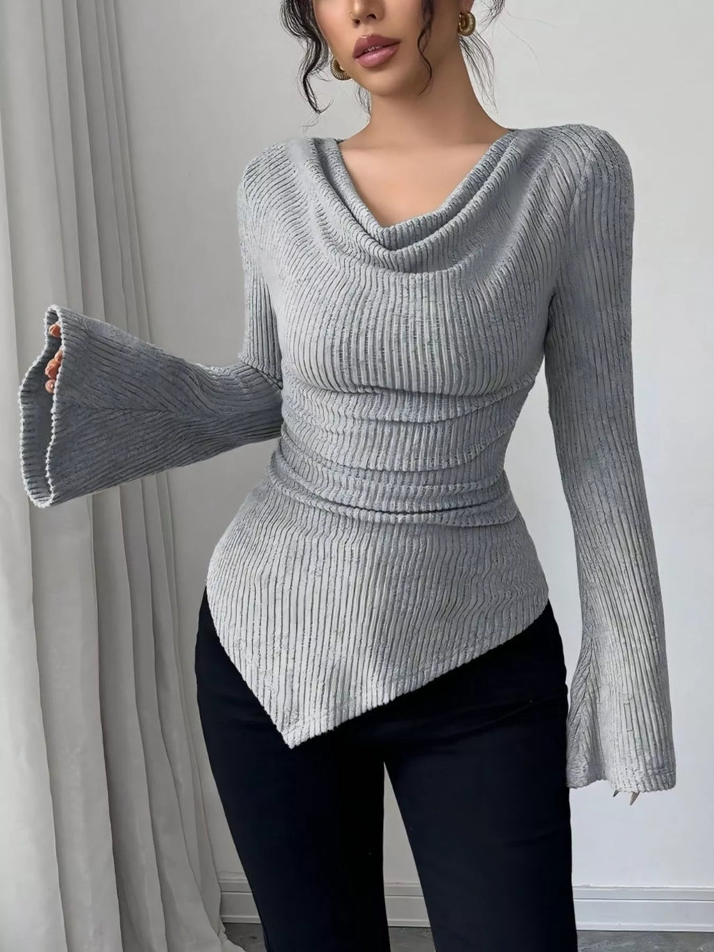 Cowl Neck Flare Sleeve Top - Godess beauty  #