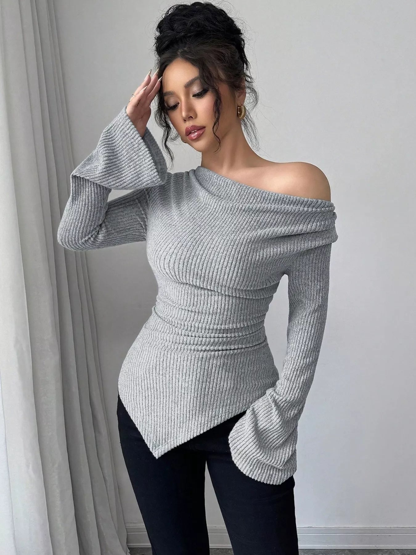 Cowl Neck Flare Sleeve Top - Godess beauty  #