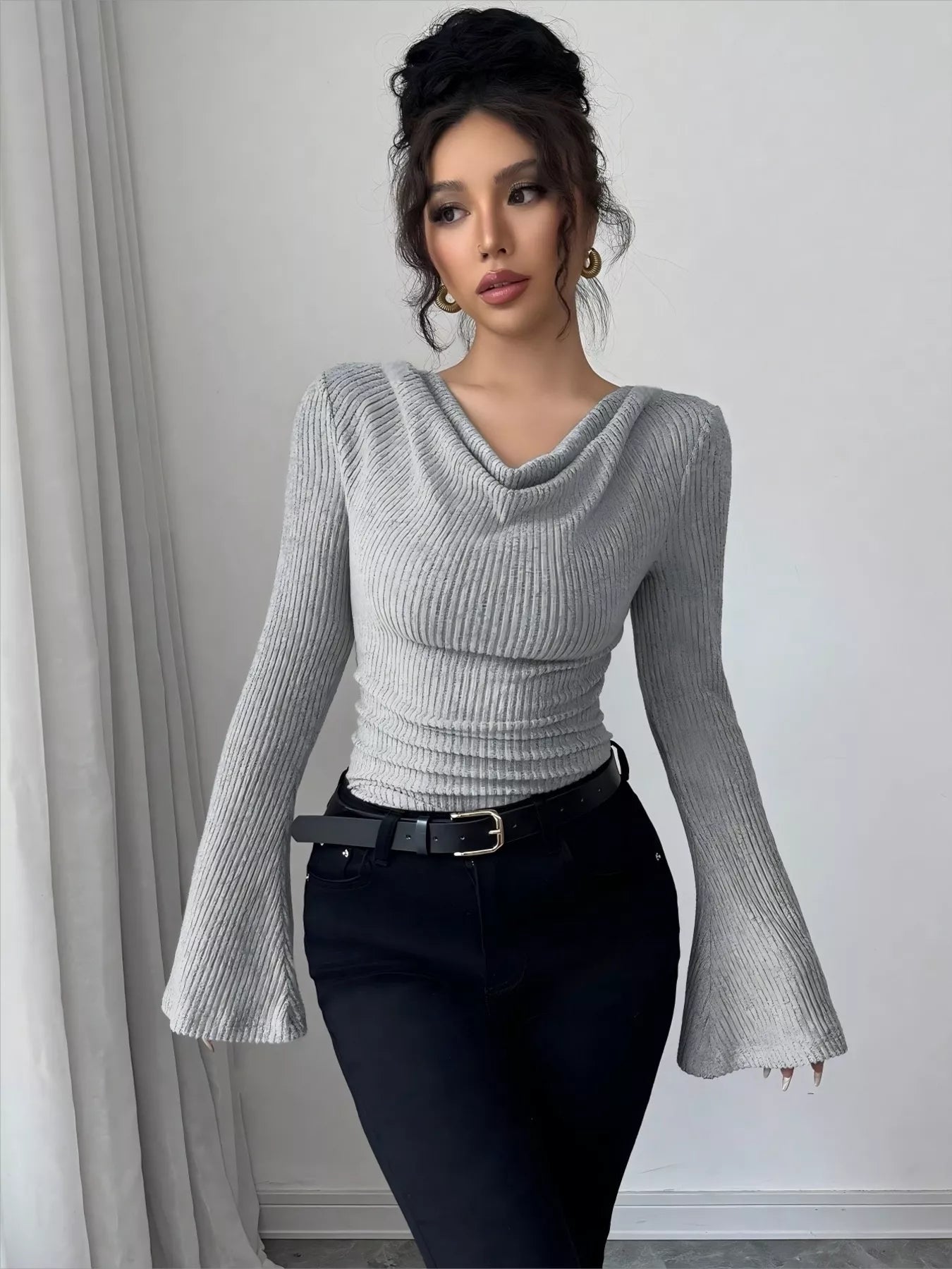 Cowl Neck Flare Sleeve Top - Godess beauty  #
