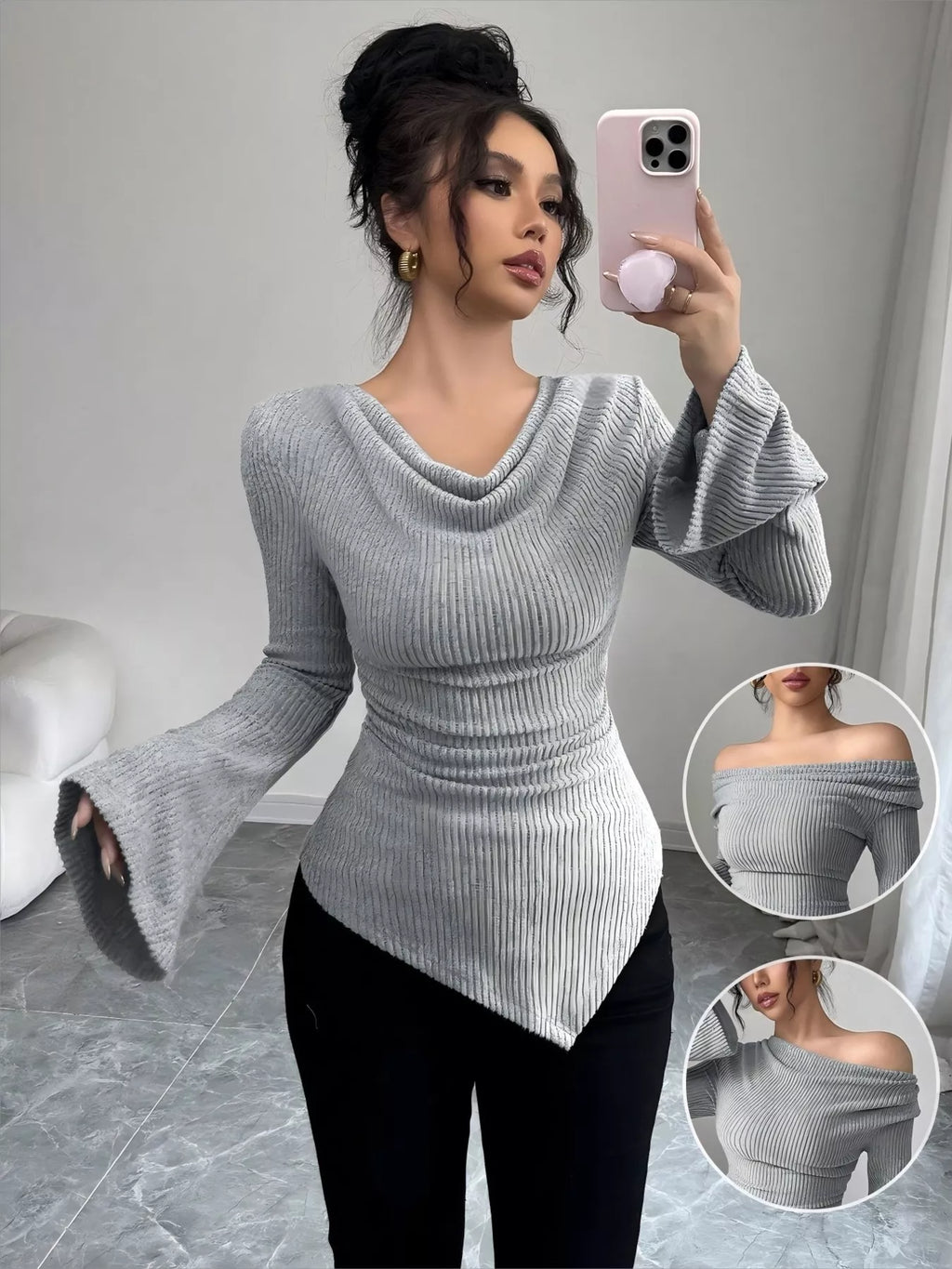 Cowl Neck Flare Sleeve Top - Godess beauty  #