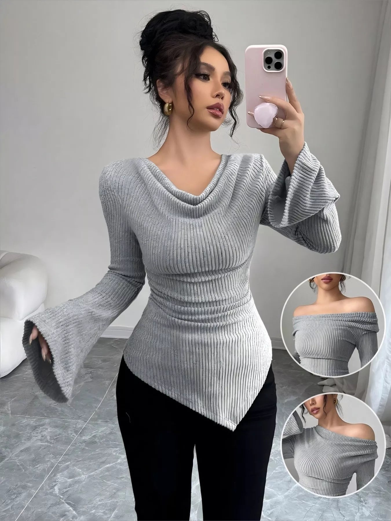 Cowl Neck Flare Sleeve Top - Godess beauty  #