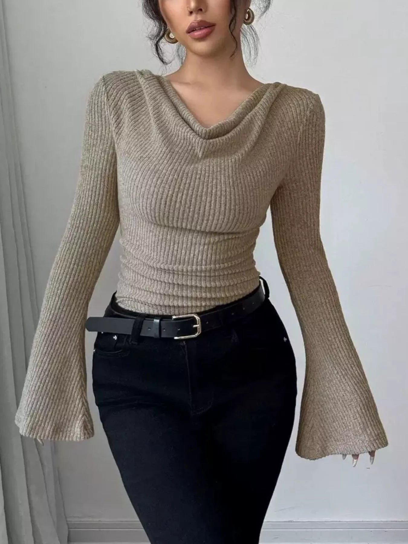 Cowl Neck Flare Sleeve Top - Godess beauty  #
