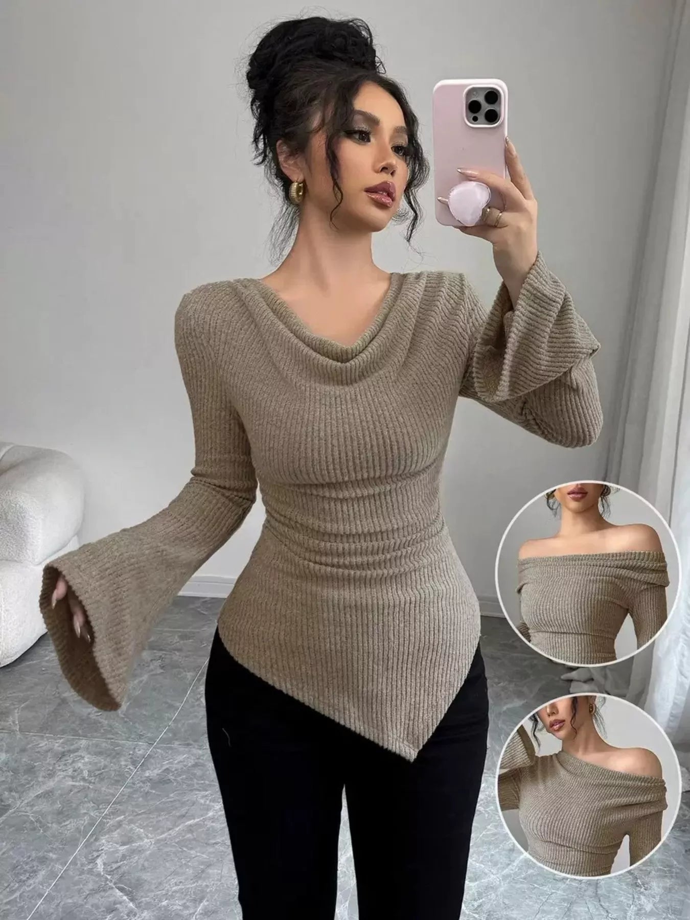 Cowl Neck Flare Sleeve Top - Godess beauty  #