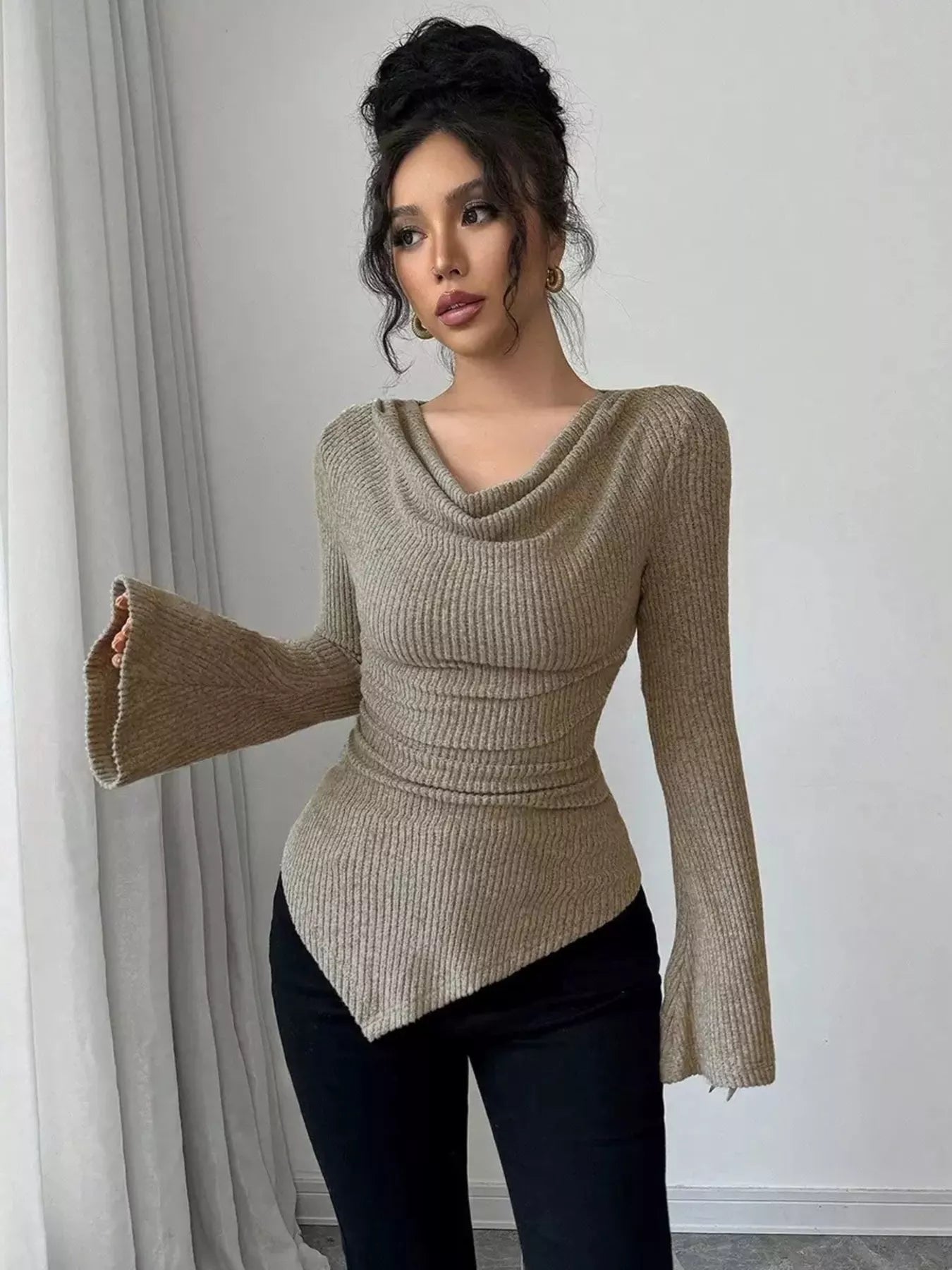Cowl Neck Flare Sleeve Top - Godess beauty  #