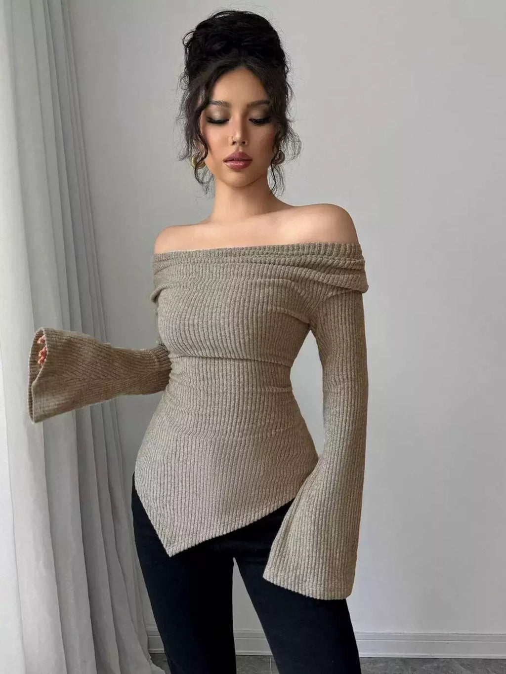 Cowl Neck Flare Sleeve Top - Godess beauty  #