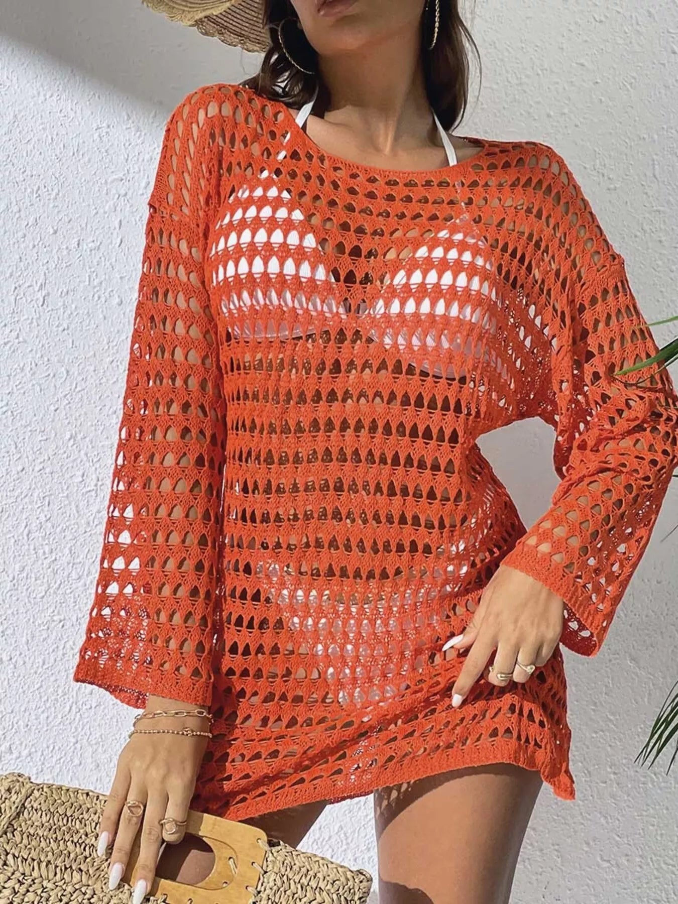 Crochet Knit Long Sleeve Cover-Up - Godess beauty  #