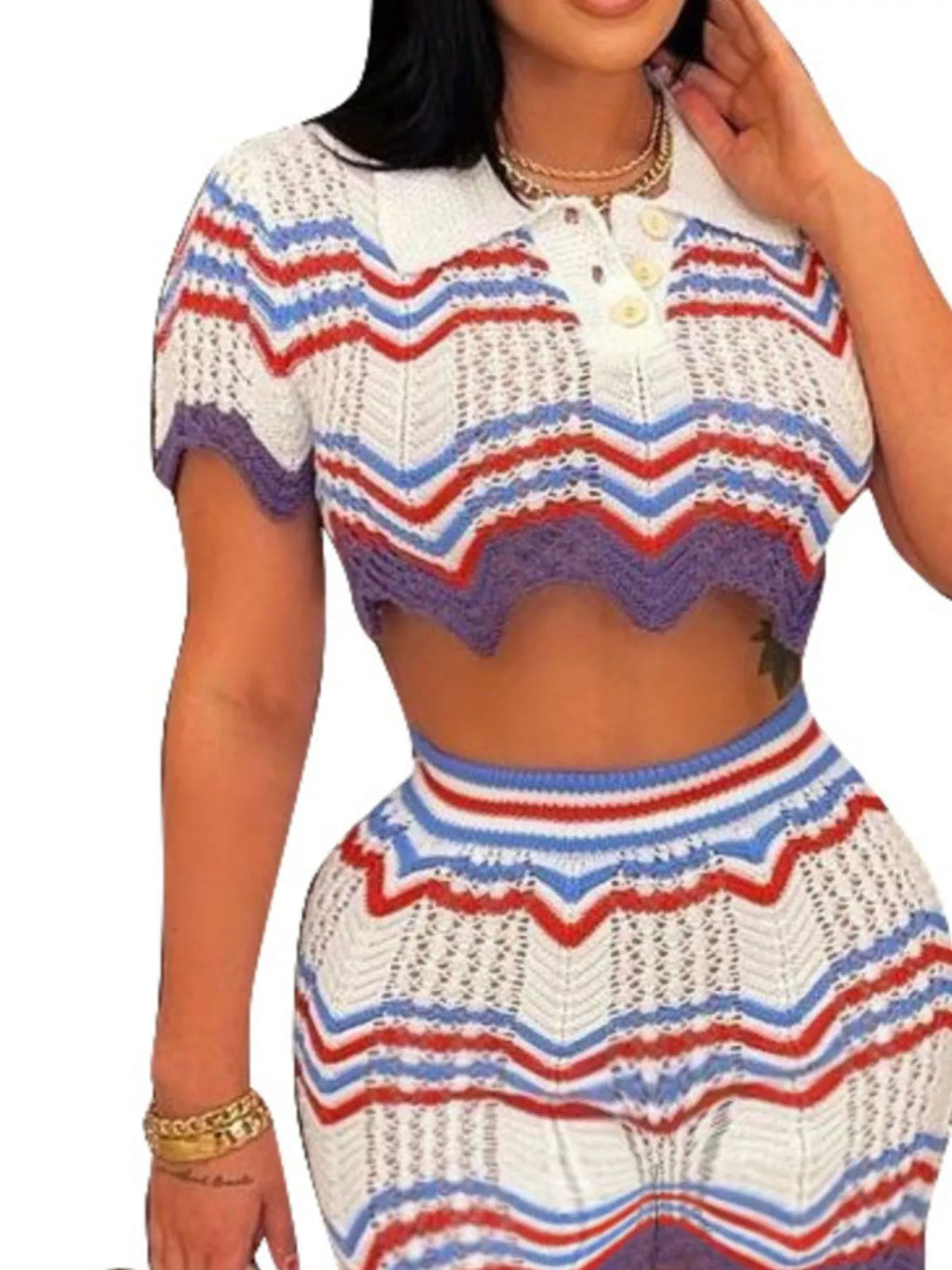 Crochet Knit Sweater Set with Zigzag Pattern - Godess Beauty  #