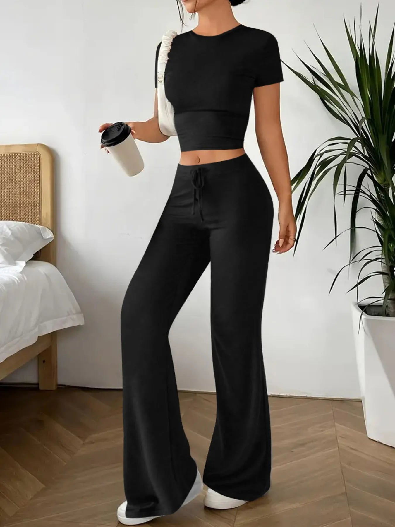 Crop Top and Wide Leg Pants Matching Set - Godess beauty  #