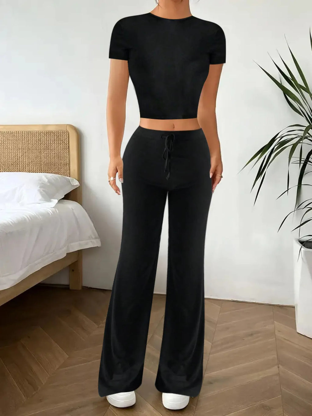 Crop Top and Wide Leg Pants Matching Set - Godess beauty  #