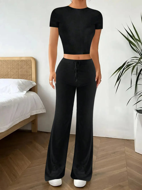 Crop Top and Wide Leg Pants Matching Set - Godess beauty  #