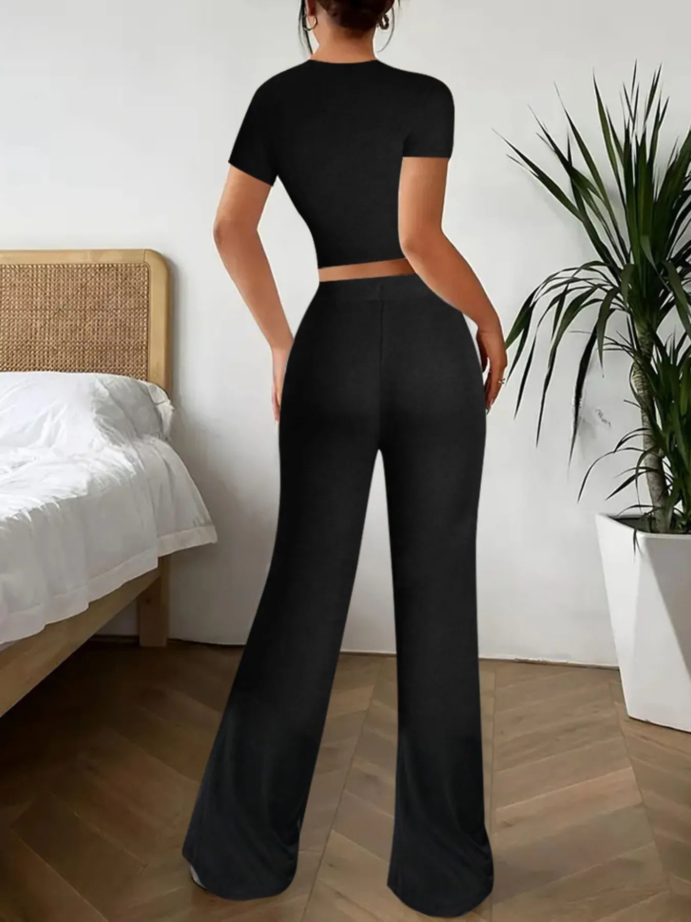 Crop Top and Wide Leg Pants Matching Set - Godess beauty  #