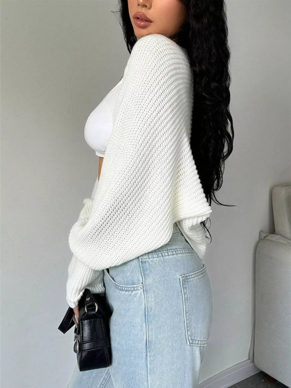 Cropped Knit Open Front Cardigan - Godess Beauty  #