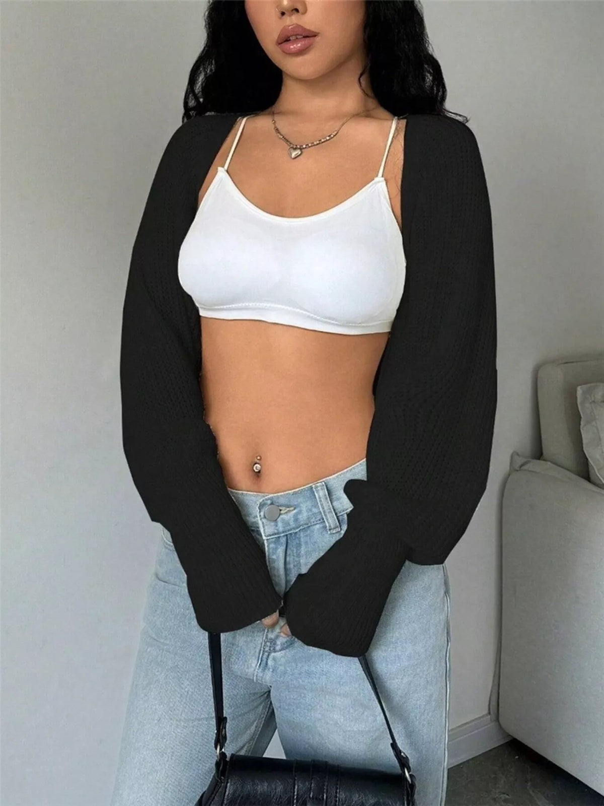 Cropped Knit Open Front Cardigan - Godess Beauty  #