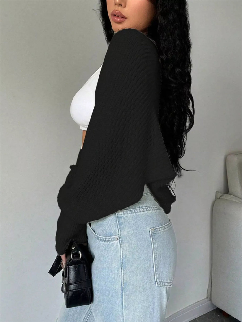 Cropped Knit Open Front Cardigan - Godess Beauty  #