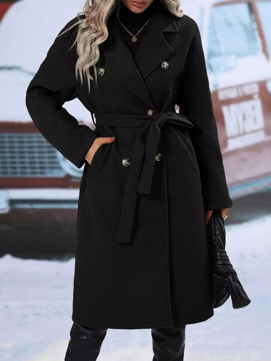 Double-Breasted Tie Waist Coat - Godess Beauty  #