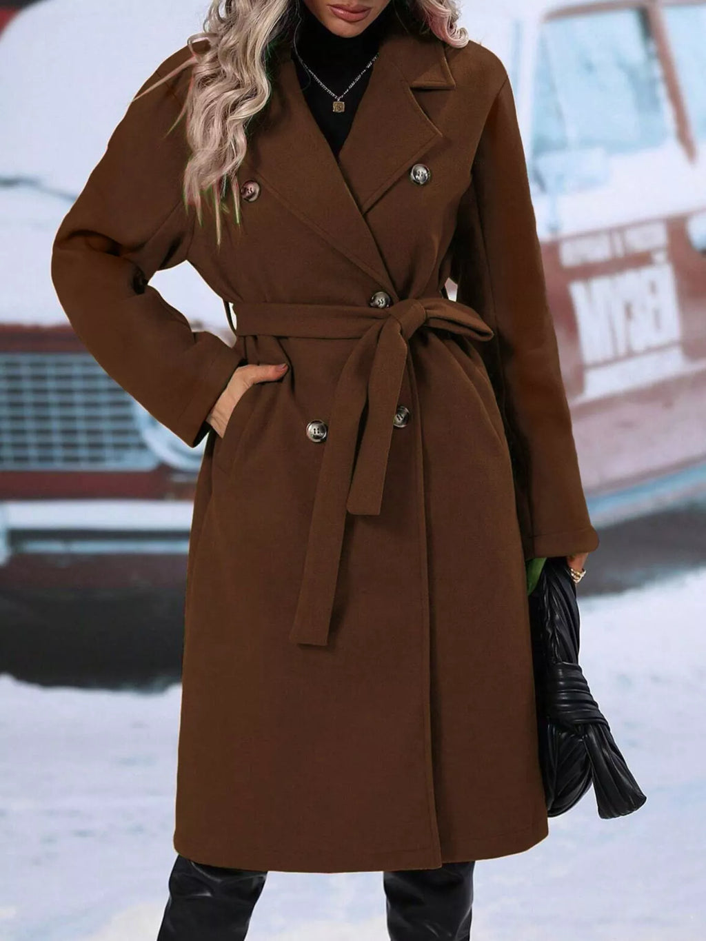 Double-Breasted Tie Waist Coat - Godess Beauty  #