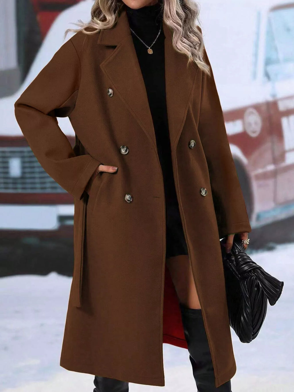 Double-Breasted Tie Waist Coat - Godess Beauty  #