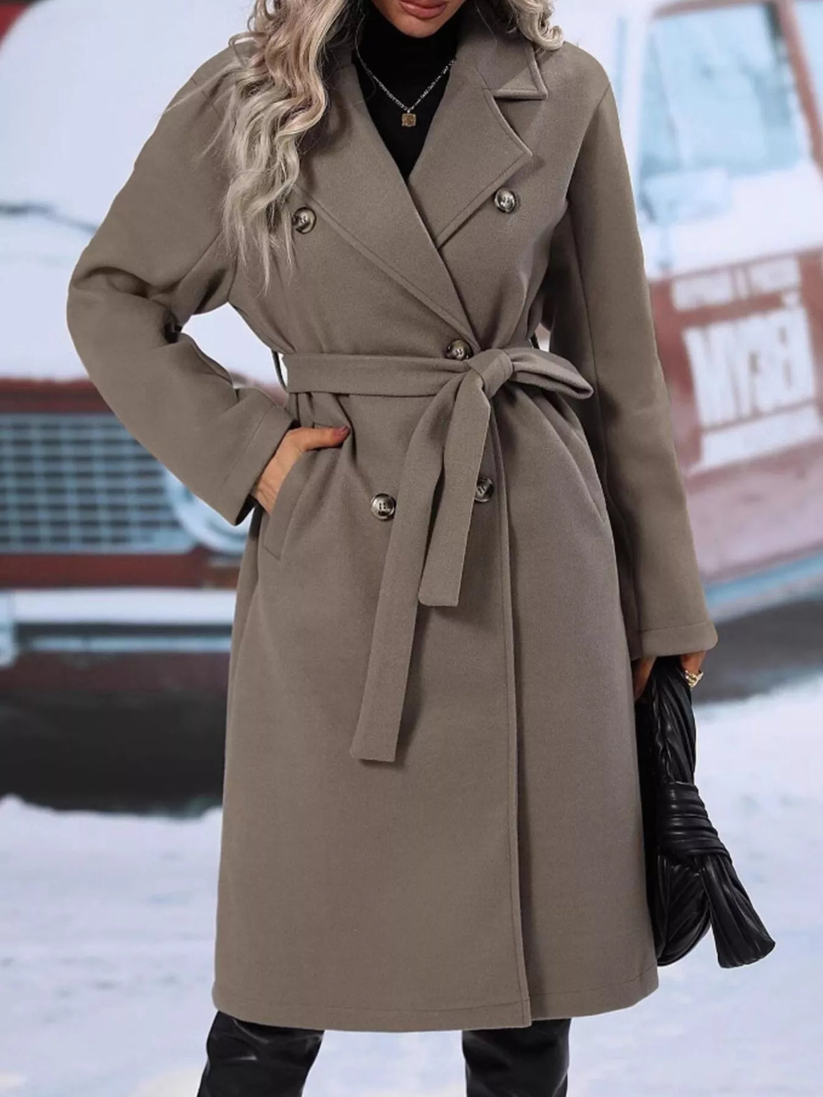 Double-Breasted Tie Waist Coat - Godess Beauty  #