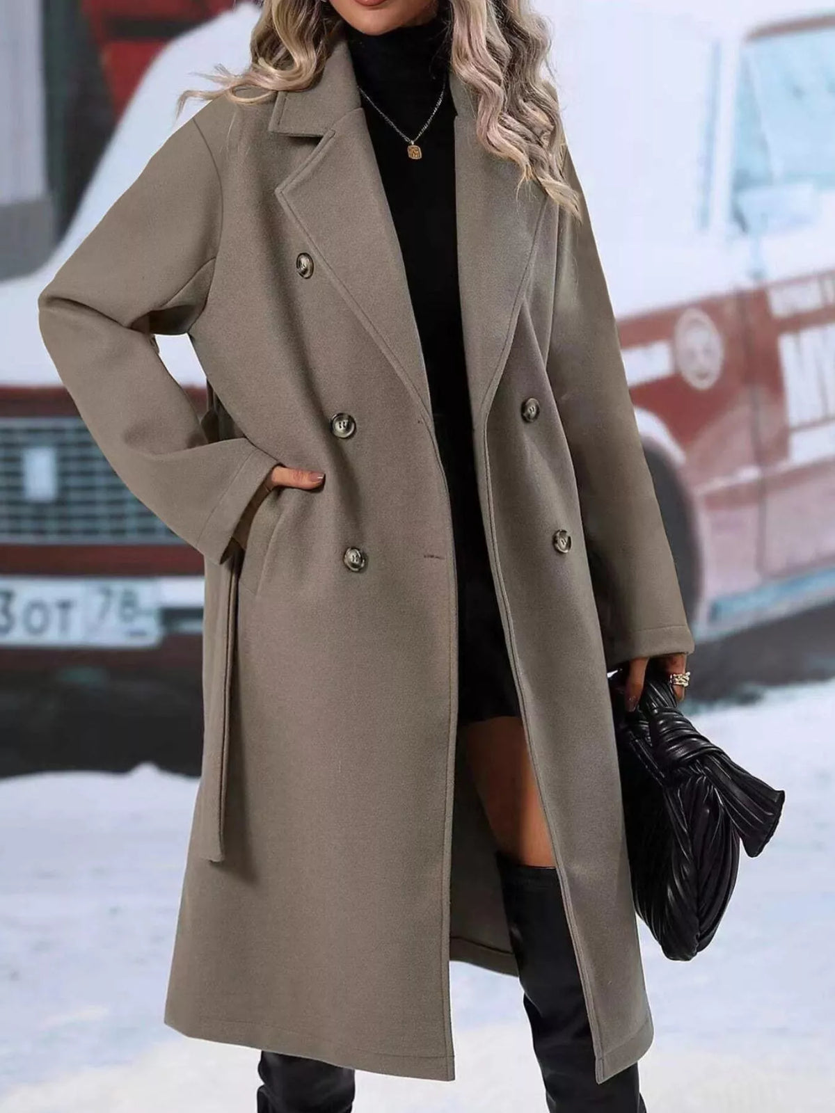 Double-Breasted Tie Waist Coat - Godess Beauty  #