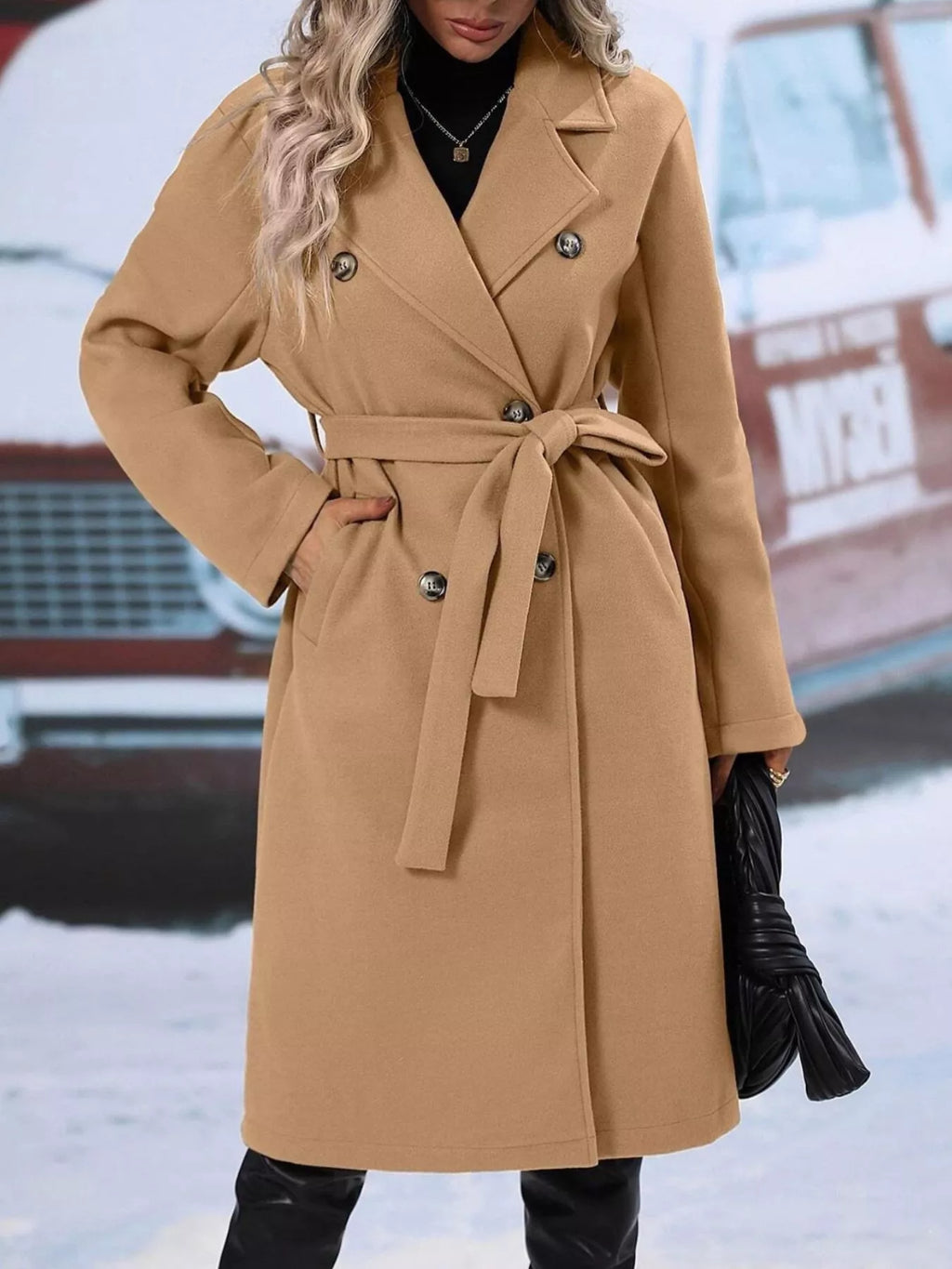 Double-Breasted Tie Waist Coat - Godess Beauty  #