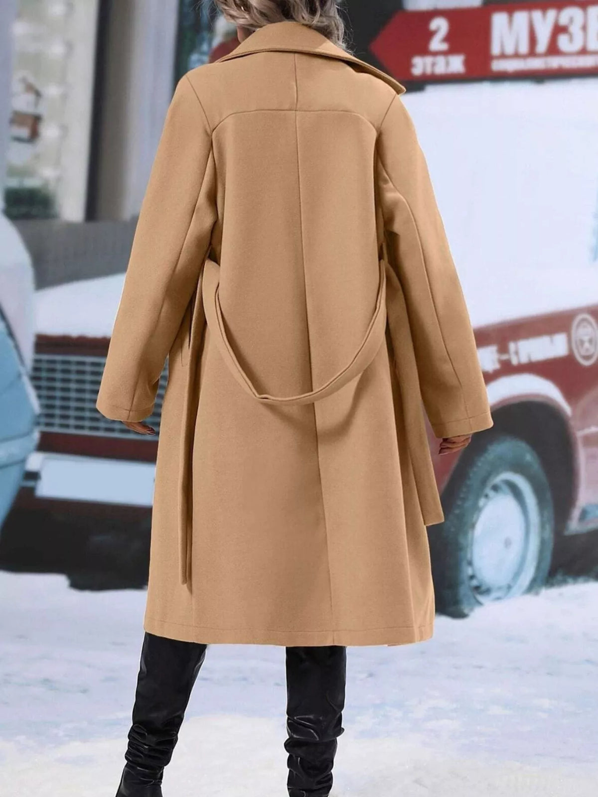 Double-Breasted Tie Waist Coat - Godess Beauty  #