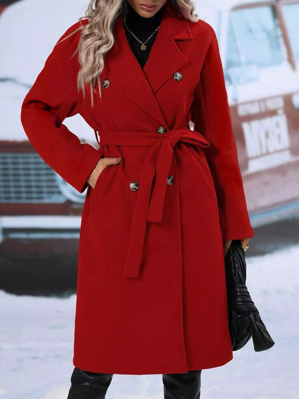 Double-Breasted Tie Waist Coat - Godess Beauty  #