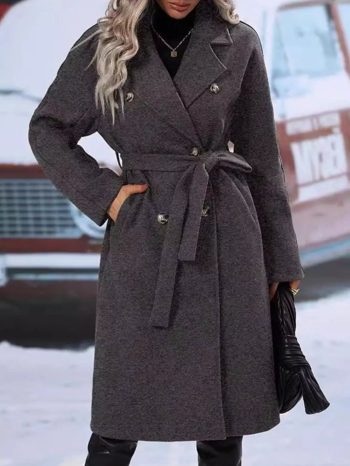 Double-Breasted Tie Waist Coat - Godess Beauty  #
