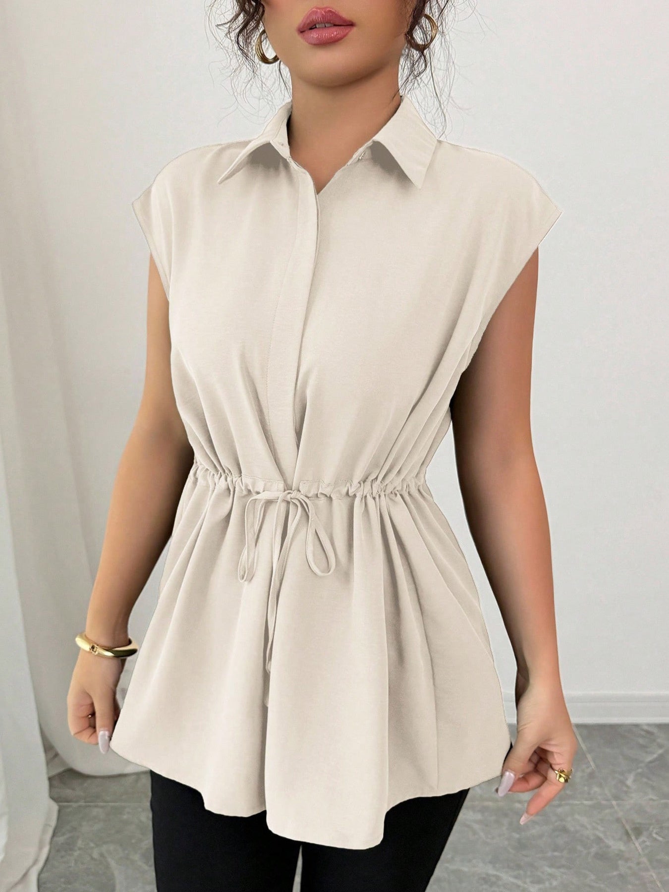 Drawstring waist cap sleeve shirt - Godess beauty  #