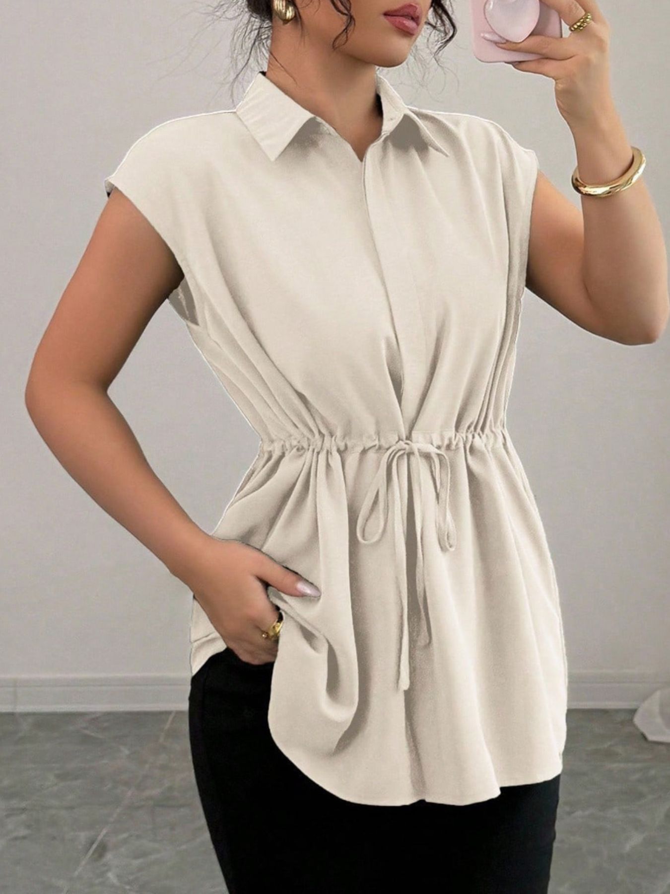 Drawstring waist cap sleeve shirt - Godess beauty  #